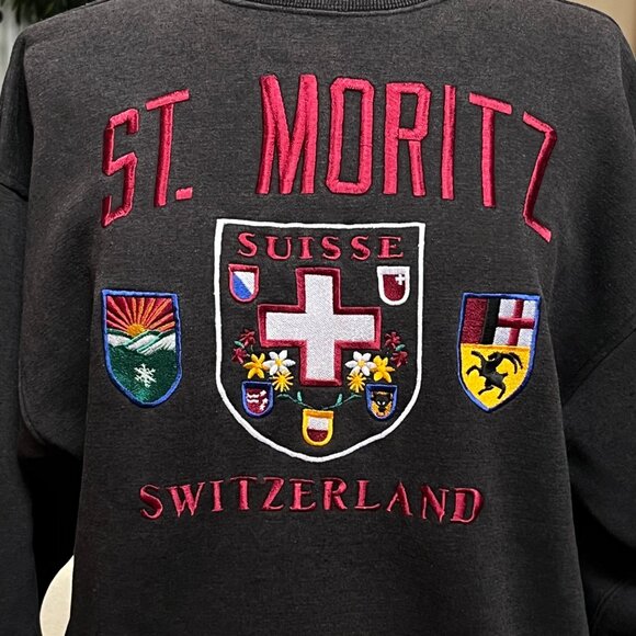 Danaggers Vtg 90's St. Moritz Switzerland Embroidered Sweatshirt Dark Gray Large - Picture 2 of 10